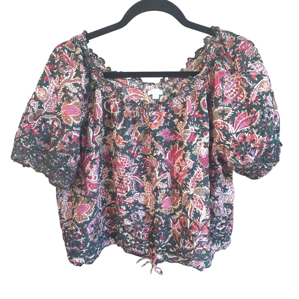 Jennifer & Grace Cotton Eyelet Paisley Print Peasant Boho Top‎ Pink Green L